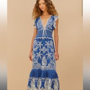Farm Rio NWT Blue Romantic Richelieu Lenzing™ Ecovero™ Euroflax™ Maxi Dress